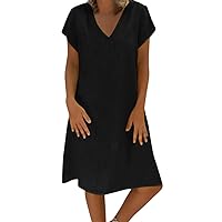 Linen Midi Dress for Women Causal Summer V Neck Cap Sleeve A-Line Dress with Pockets Beach Loose Fit Sundress