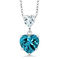 Gem Stone King 925 Sterling Silver London Blue Topaz and Sky Blue Aquamarine Double Heart Pendant Necklace for Women (2.48 Cttw, Heart 8MM and 5MM, with 18 Inch Silver Chain), Metal Gemstone, Topaz