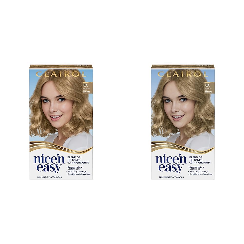 Clairol Nice'n Easy Permanent Hair Dye, 8A Medium Ash Blonde Hair Color, Pack of 2