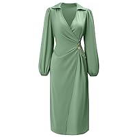 Ladies V Neck Long Sleeve Solid Color Tie Waist Dress Casual Button A Line Dress V Neck Midi Dresses for Women