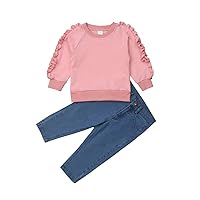 Toddler Kid Baby Girl Ruffle Tops Long Sleeve Sweatshirt Jeans Denim Pants 2Pcs Outfits