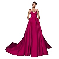 Women's Spaghetti Straps Prom Dresses Long A-line Satin Formal Evening Ball Gowns Rose Red