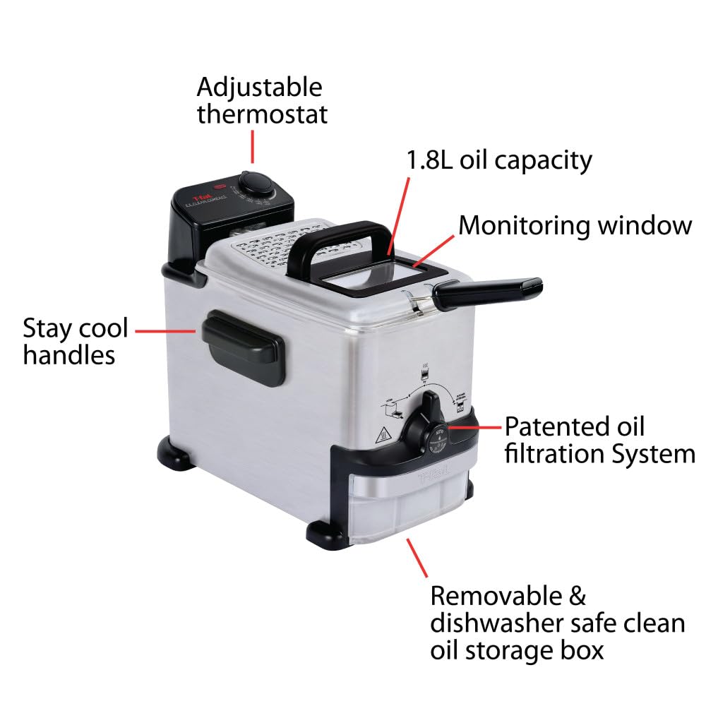 T-fal Compact EZ Clean Stainless Steel Deep Fryer with Basket 1.8 Liter Oil and 1.7 Pound Food Capacity 1200 Watts Easy Clean, Temp Control, Oil Filtration, Dishwasher Safe Parts