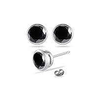 Round Black Diamond Stud Bezel Set Earrings AA Quality in 14K White Gold Available in Small to Large Sizes