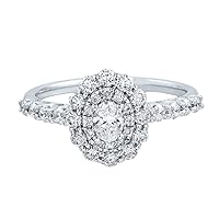 1 CT Oval & Round Cubic Zirconia Double Halo Engagement Ring 14K White Gold Finish
