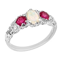 14k White Gold Real Genuine Opal and Ruby Womens Band Ring