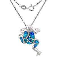 Sterling Silver Synthetic Opal Frog Necklace for Women Hand Inlay 1 1/8 inch Tall