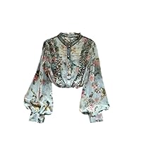 French Elegant Chic Ruffles Chiffon -Neck Women' Spring Summer Blouse Shirts Lantern Sleeve Pullover Blouses