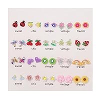 20Pairs Earrings Set Girls Ear Studs Resin Earrings Cute Flower Mushroom Carrot Strawberry Ear Studs Friendship Gift
