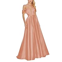 Prom Dress Ball Gown Off Shoulder V-Neck Satin Fantasy Dress for Women Blush Maxi Gowns