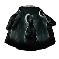 Viking Winter Mens Cloak Coat Night Wolf Tattoo 3D Full Printing Fleece Hooded Unisex Warm Jacket Cape(US Size)