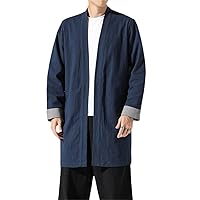 Black Blue Cotton Linen Jacket Men Loose Kimono Long Cardigan Jackets And Coats Outerwear