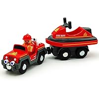 Wooden Train Cars Track Accessories Set Rescue Fire Truck with Light and Sound Small Vehicles Magnetic Train Cars Fit for Wooden Train Track Railway for Boys and Girls (Fireboat)