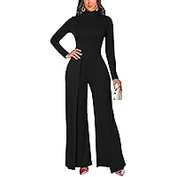 Women's Casual Long Sleeve Round Neck Jumpsuits Work Wide Leg Pants Club Party Loose Rompers