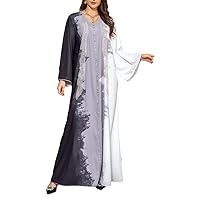 Women Dubai Tie Dyeing Contrast Color Beading Diamonds Long Sleeve V-Neck Casual Abaya Moroccan African Robe