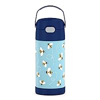 FUNTAINER 12 Ounce Stainless Steel Vacuum Insulated Kids Straw Bottle, Honey Bees