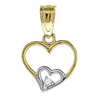 10k Gold Two tone CZ Cubic Zirconia Simulated Diamond Womens Double Height 15mm X Width 10mm Love Heart Charm Pendant Necklace Jewelry Gifts for Women