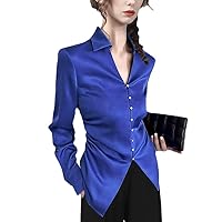 Office Ladies Long Sleeve Blue Satin Blouse Slim Turn-Down Collar Single-Breasted Shirts Spring Female Tops