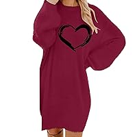 Today's Deals Women's Lantern Sleeve Plush Sweater Dress Loose Heart Pattern Print Dresses Trendy Fuzzy Knit Long Sleeve Dress Vestidos De Trabajo De