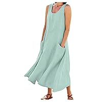 XJYIOEWT Maxi Dresses for Women 2024,Womens Solid Color Round Neck Pockets Casual Long Dress Daily Tank Dress Womens Ca
