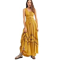 Women's Dress V-Neck Lace Hollow Out Sleeveless Drawstring Waist Floor-Length Dresses Summer