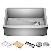 Kraus KWF210-30 Kore Workstation 16 Gauge Farmhouse Single Bowl Stainless Steel Kitchen Sink with Integrated Ledge and Accessories (Pack of 5), 30 Inch Rounded Apron Front
