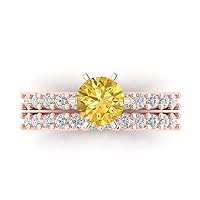 Clara Pucci 2.97ct Round Cut Pave Solitaire with Accent Canary Yellow Zircon Classic Statement Bridal Wedding Ring Band Set 14k Rose Gold