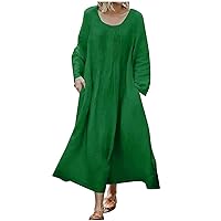 Dress for Women 2024 Summer Cotton Linen Dresses Loose Casual Long Sleeve Pleated Beach Vacation Maxi Dress with Pockets