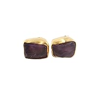 Guntaas Gems Healing Birthstone Raw Amethyst Stud Earring Rough Gemstone With Brass Gold Plated Collet Setting Push Back Earrings