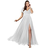 Women's Flutter Sleeve Bridesmaid Dresses Long with Slit V Neck Chiffon Formal Dresses