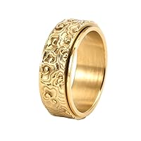 Unisex Stainless Steel 8mm Unique Vintage Auspicious Clouds Flower Pattern Carved Rotatable Signet Ring Anxiety Band