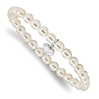 925 Sterling Silver Love Heart Freshwater Cultured Pearl 5 Inch Stretch Bracelet Measures 11.5mm Wide Jewelry for Women