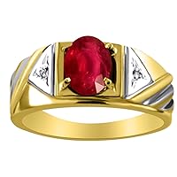 Rylos Mens Rings 14K Yellow Gold - Mens Simulated Ruby & Diamond Ring Band 8X6MM Color Stone Gemstone Rings For Men Mens Jewelry Gold Rings