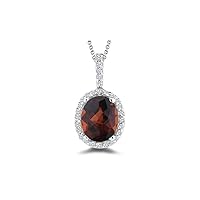 January Birthstone - Diamond Accented Garnet Solitaire Pendant AAA Oval Checkered Shape in 14K White Gold Available from 7x5mm - 14x10mm