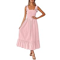 Women's Beach Outfits Bohemian Straps Square Neck Solid Color Ruffle A-Line Waist Long Dresses Outfits, S-2XL