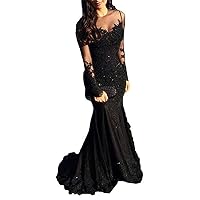 VeraQueen Women's Illusions Long Sleeve Mermaid Prom Dress Tulle Beaded Evening Ball Gown