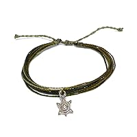 Silver Metal Sea Turtle Charm Dangle Multicolored Multi Strand String Waterproof Adjustable Pull Tie Bracelet - Unisex Handmade Jewelry Boho Accessories
