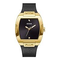 GUESS Men's Trend Casual Tonneau Diamond 43mm Watch – Black Dial Gold-Tone Stainless Steel Case with Black Flex Strap