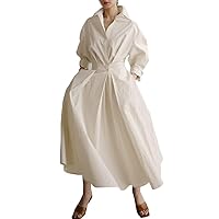 Bengbobar Womens Loose Fit Casual Shirt Dress Elastic High Waist Button Dress Women Flowy Maxi Dresses with 2 Side Pockets