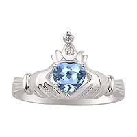 Rings for Women Sterling Silver Claddah Love, Loyalty & Friendship Ring Heart 6MM Gemstone & Diamond Claddagh Rings Birthstone Jewelry for Women Sterling Silver Rings for Women Size 5-13