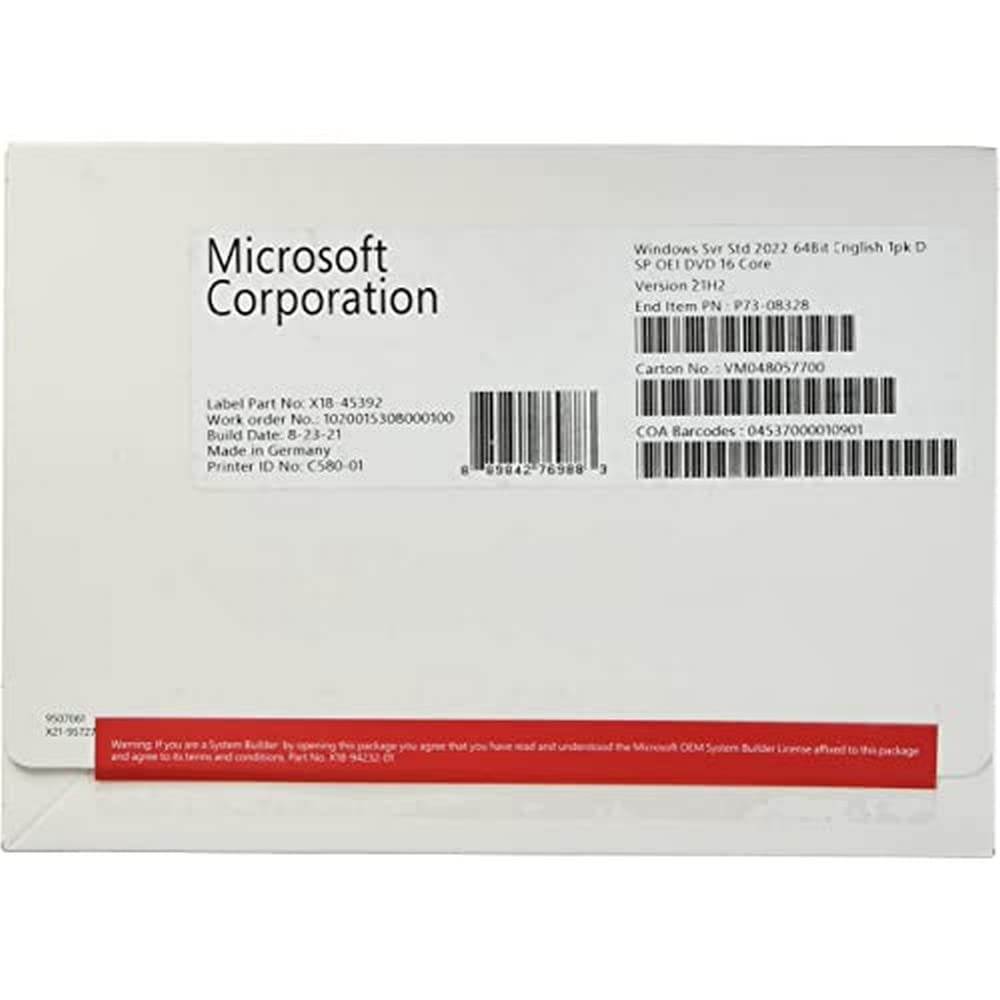 Microsoft Windows Server 2022 Standard 64-Bit License - 16 Core - OEM - DVD