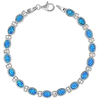 Sterling Silver 7x5 mm Oval Blue Synthetic Opal Tennis Bracelet for Women Inlay Set CZ Accent Rhodium Finish 7.5 inch long