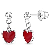 925 Sterling Silver Lovely Enamel Heart Dangle Earrings With Safety Screw Back - Best for Toddlers, Young Girls, Pre Teens & Teens - Fantastic Gift for Birthdays or Valentines Day