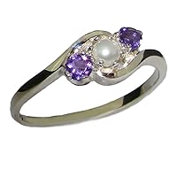 10k White Gold Cultured Pearl & Amethyst Womens Band Ring