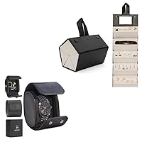 Travel Jewelry Organizer (BLACK) + Leather Watch Roll Travel Case (Pack of 1)