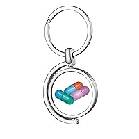 Capsule Pill Health Care Products Pattern Rotating Keychain Metal Keyring Holder