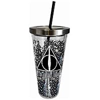 Harry Potter Tumbler - Deathly Hallows Glitter Cup with Straw - 20 oz - Acrylic - Black