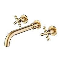 Wall Mount Bathroom Faucet Brushed Gold, Wall Mount Faucet with 2 Cross Handles for Bathroom, 3 Holes Wall Mounted Bathroom Sink Faucet or Bathtub Faucet with Rough in Valve