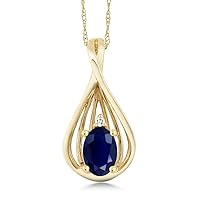 Gem Stone King 10K Yellow Gold Blue Sapphire and White Diamond Teardrop Pendant Necklace For Women (0.55 Cttw, Gemstone September Birthstone, Oval 6X4MM, with 18 Inch Chain)