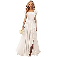 Short Sleeve Bridesmaid Dresses for Women Wedding Chiffon Square Neck Long Formal Dress with Ruffle Slit